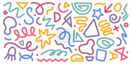 Illustration for Colored various geometric hand drawn shapes, fun doodle line arrows set. Crown and lightning, lattice and squiggles. Vector geometric figures and objects. Abstract trendy banner and textures - Royalty Free Image