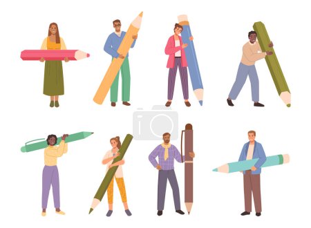 Illustration for Cartoon man and woman, small people holding big pencils flat vector illustration. Writer or blogger, journalist or interviewer, screenwriter or copywriter, draftsman or author human character - Royalty Free Image
