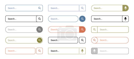Illustration for Magnifying glass search button and microphone icon for voice search in the search bar. Vector search bar for ui, design and web site. Searching address and navigation, form templates for website - Royalty Free Image