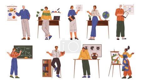 Illustration for Cool teacher of geometry of arts, people trainers. Vector geometry and literature, arts and mathematics teacher near chalkboard, astrology teacher in classroom, flat cartoon people study and education - Royalty Free Image
