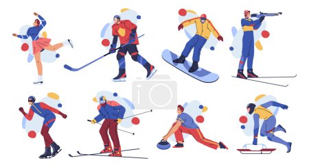 Illustration for Sportsmen snowboarders alpine skiers and cross-country skiers boys girls cartoon characters. Vector people in winter sport, freestyle skiing, sliding, bobsled, ski jumping, curling and figure skating - Royalty Free Image