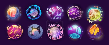 Illustration for Magic spheres, energy balls with mystic glows, cartoon shiny circles for game design. Vector spheres with lightning and sparks. Set of color glowing orbs with light effect, liquid plasma and fire - Royalty Free Image