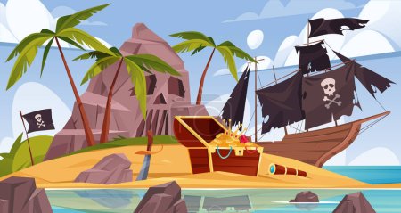 Île pirate avec des trésors et bateau pirate cassé. Palmiers vecteurs et coffre avec pièces d'or sur une île inhabitée. Caricature paysage marin avec voilier après naufrage avec crâne sur voiles noires