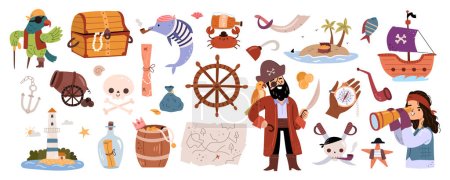 Illustration for Cute pirate holding sword, piracy icons. Seashore with wooden treasure chest, parrot and fish, beacon and wheel, compass and naval navigation. Vector illustration in flat cartoon style - Royalty Free Image