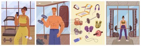 Illustration for People working out and exercise in gym. Man and woman personages taking selfie in mirror and lifting dumbbells. Sports equipment and inventory. Vector illustration in flat cartoon style - Royalty Free Image