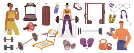Illustration for Sports and workout exercises, equipment for gym and bodybuilders. Treadmill and skipping rope, dumbbells and barbell, boxing gloves and sneakers. Vector illustration in flat cartoon style - Royalty Free Image