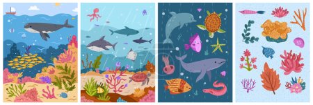 Illustration for Underwater marine life, animals and fish, shark and turtles swimming in ocean or sea. Weeds and coral reef on bottom of water, biodiversity. Vector illustration in flat cartoon style - Royalty Free Image
