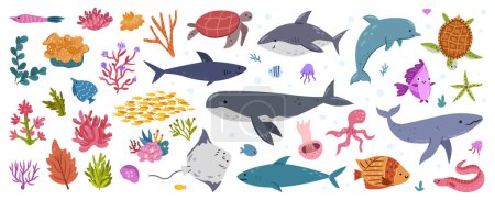 Téléchargez les illustrations : Biodiversité marine et océanique des espèces animales et végétales. Requins et baleines isolés, poissons et poulpes, méduses et étoiles de mer, algues et mauvaises herbes. Illustration vectorielle en style dessin animé plat - en licence libre de droit