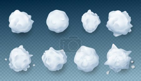 Illustration for Realistic snow 3d splats of ice frost ball, round and sphere natural ball vector illustration. Winter children games snowball, Christmas holiday fun, snow fight splat set, various shapes - Royalty Free Image
