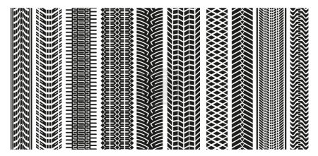 Illustration for Textures of tire tracks realistic flat imprints, car wheels traces, tread tracks black texture of real bicycle, auto, bus or tractor rubber print. Vector dirty abstract traces of motorbike - Royalty Free Image