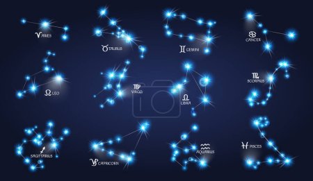 Illustration for Zodiac signs, realistic glowing constellations. Vector horoscope for hole year, astronomical shining stars in the night sky. Aquarius and pisces, aries and cancer, gemini and virgo, scorpio - Royalty Free Image
