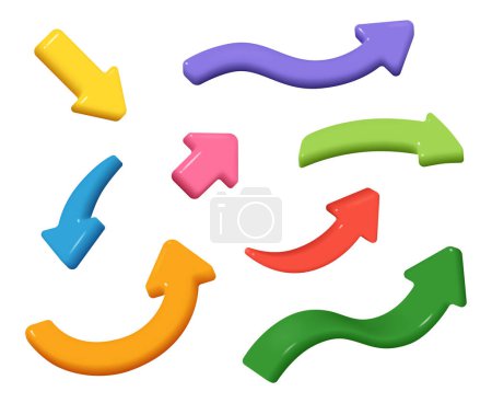 Illustration for 3d arrows, colorful pointers to left and right, destination and direction symbols. Color curly arrows, target or goal, collection of arrow shapes, web design elements - Royalty Free Image
