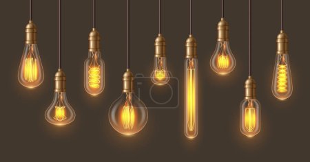 Illustration for Filament retro lamps in realistic design. Glowing ceiling chandelier set of light vector illustration. Incandescent light bulbs of different types and shapes, retro loft interior decoration lamp - Royalty Free Image