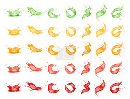 Illustration for Fruit berries splashing juice or jam, isolated paint splashes realistic vector collection. Splash juice realistic juicy splatter spiral waves, smoothie swirls, green and yellow, red and orange flows - Royalty Free Image