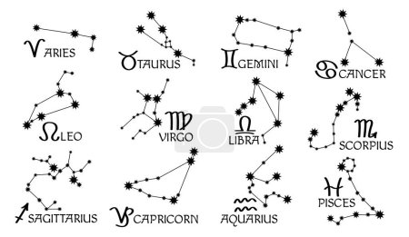 Illustration for Zodiac signs, aquarius and pisces, aries and cancer, gemini and virgo, scorpio. Capricorn and aries, astronomy and space icon. Line art constellations, horoscope for hole year, astronomical stars - Royalty Free Image
