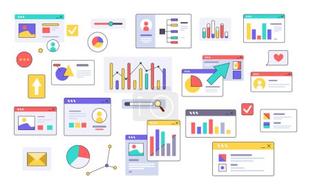 Illustration for Graphics for displays, data statistics window interface. Rising and falling percentages diagrams showing business progress and regression. Vector set of abstract virtual elements, graphs flat icon - Royalty Free Image