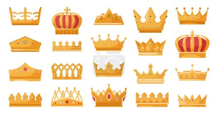 Ilustración de Joyas reales de oro símbolo de rey reina y princesa, conjunto de iconos de dibujos animados planos aislados. Signo de coronación de la autoridad del príncipe. Joyas de la corona símbolo del emperador, coroneta signo vector ilustración - Imagen libre de derechos