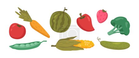 Illustration for Vegetable food, tomato and carrot, watermelon and paprika pepper, strawberry and broccoli, pear and maize corn, green fresh cucumber. Collection farm product for restaurant menu, market label - Royalty Free Image
