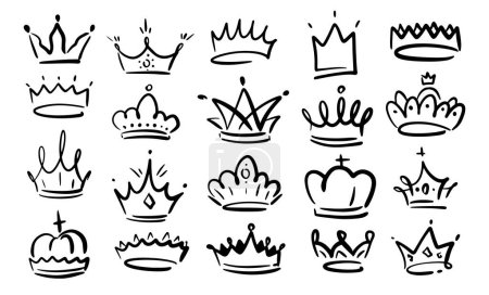 Illustration for Doodle crowns linear icons set. Line art king or queen crown sketch. Royal head accessories collection. Fellow crowned heads tiara, diadem and luxurious decals vector illustration hand drawn doodles - Royalty Free Image