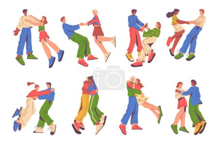Illustration for Friends or couples hugging and holding hands, happy of meeting each other. Cheerful men and women cuddling and meeting, boyfriend and girlfriend. Flat cartoon character, vector illustration - Royalty Free Image