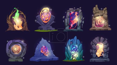 Illustration for Ancient magic portals and gates to other world. Isolated fantasy doors with glowing and beaming surface, entrance made of stones for time and place traveling. Vector fantasy game design - Royalty Free Image