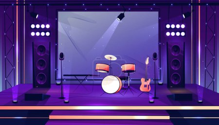 Illustration for Music concert scene for performers and musicians. Vector stage with drums kit and microphones, loudspeakers and lights, acoustic guitar. Festival or live show location with instruments - Royalty Free Image