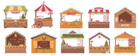 Ilustración de Mercado de Navidad kiosco puesto conjunto de vectores. Mercado de feria tradicional de invierno de dibujos animados, tienda de regalos de stand de madera con recuerdos, decoración de guirnaldas, nieve en el techo, caramelos y cajas de regalo, árboles de Año Nuevo - Imagen libre de derechos