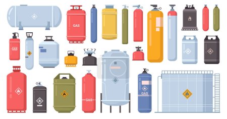 Illustration for Gas cylinder container bottle, tank with dangerous liquid. Lpg propane bottle icon container. Oxygen gas cylinder canister fuel storage. Vector flat carton illustration of camping flammable canister - Royalty Free Image