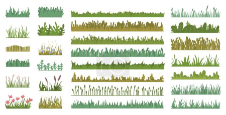Illustration for Vector flat grass with blooming flowers set isolated icons. Illustration of green grass in cartoon style, spring fresh grasses kit for web game design. Nature landscape element - Royalty Free Image