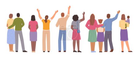 Illustration for People look back and wave hands, man, woman and children saying goodbye, diversity of man and woman. People in casual cloth standing backwards, gesturing kinds and adults - Royalty Free Image