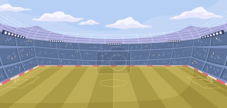 Gran estadio de fútbol o fútbol con gran campo verde, ilustración vectorial de tribunes deportivos vacíos con luces en estilo plano de dibujos animados. Estadio para torneos o campeonatos, arena vacía