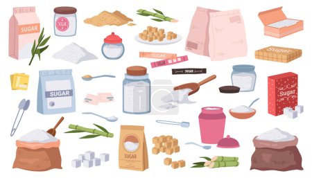 Illustration for Sugar packets set. Granulated, powder, cubes, sanding sweet sucrose in different packages. Flat cartoon vector illustrations of spoon and bottle for sugar, bamboo and sachet with sucrose - Royalty Free Image