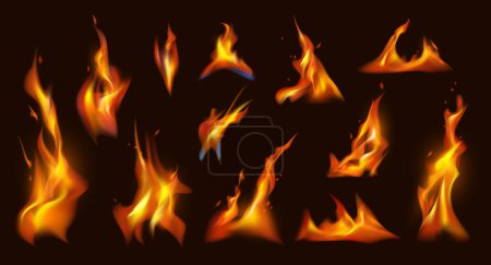 Illustration for Fire burning, isolated flames effect with tongues and sparks. Vector realistic ignition and flaming effect, blowing wind on fiery lightning or hot light in motion, bonfire or blaze - Royalty Free Image