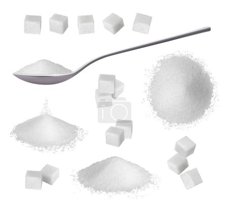 Illustration for Sugar cubes for sweetening food and drinks. Vector realistic isolated addition to meal, glucose and sucrose, fructose organic ingredient for cooking and eating desserts and sweets diet - Royalty Free Image