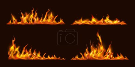 Ilustración de Lengua de llamas y fuego en línea. Explosiones realistas vectoriales y llameantes, llamaradas aisladas y chispas ardientes. Efecto de ignición o combustión, fogatas o destellos de catástrofe y explosión - Imagen libre de derechos