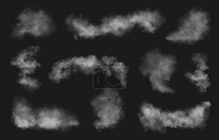 Illustration for White smoke or fog 3D realistic effect on dark background. Cloudy smoky steam, blowing cigarette smog, stream of gas or spray. Vector set cloud, mist cloudiness, vapor condensation, magic dust spread - Royalty Free Image