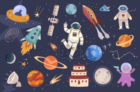 Illustration for Space planet and astronauts, fantasy alien world background flat cartoon vector illustration. Galaxy, astronaut and ufo saucer, flying spacecraft. Universe and starry sky, spaceman and rocket - Royalty Free Image