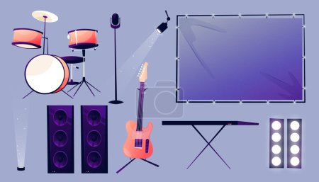 Illustration for Lights and loudspeakers, musical instruments for stage live concert. Vector isolated drums kit and microphone, guitar and piano keyboard, whiteboard for image and video show effects - Royalty Free Image