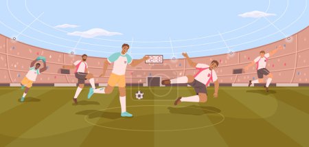 Illustration for Stadium soccer people, football players on field. Vector dynamic poses of people in uniform, tense moment on field. Soccer stadium players. Football match players kicking ball, championship - Royalty Free Image