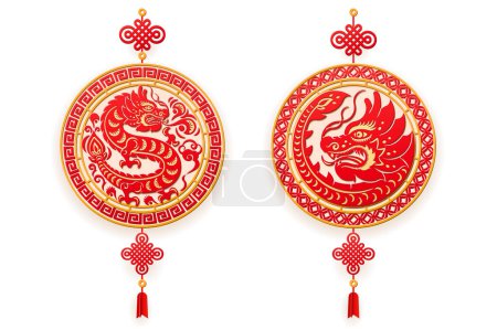 Illustration for Dragons on tassel paper cut CNY dragon zodiac sign. Chinese New Year symbol, red Dragon with asian pattern, horoscope character. Paper cut animal, lunar calendar zodiac spring festival decoration - Royalty Free Image