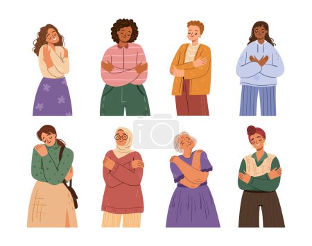 Illustration for Female characters of different age and religions holding self expressing love. Vector embrace equity movement, confidence and diversity, inspiration for empowerment and feminism message - Royalty Free Image