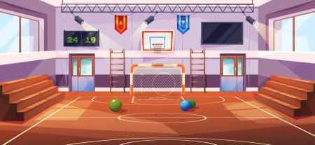 Illustration for Gym at school or sports arena for children to practice sportive activities. Vector football net, basketball hoop and balls for exercise. Wooden benches for audience on matches, scoreboard - Royalty Free Image