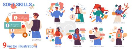 Illustration for Employees demonstrating soft skills at work during projects. Vector flat cartoon character, isolated managers and leaders working on tasks. Qualities of good employee and staff in organization - Royalty Free Image