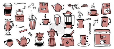Ilustración de La cafeína bebe bebidas frías y calientes. Vector aisló una taza de café con vapor, frijoles en bolsa, olla con agua para la elaboración de la cerveza. Máquina en cafetería o restaurante, cubos de azúcar y filtro en taza - Imagen libre de derechos