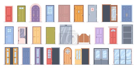 Illustration for Houses or buildings front doors of wood, steel and glass. Vector office and elevator, bars and metro doors, saloon western exterior entrance. Doorway architecture with windows and carving - Royalty Free Image