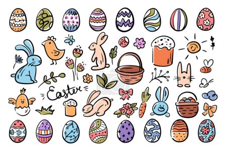 Illustration for Spring holiday personage, isolated easter bunny and chocolate eggs for holiday hunt. Vector doodles of cakes and baskets, flowers and chickens. April celebration for cards and invitations - Royalty Free Image