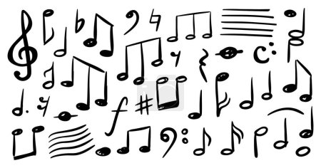 Ilustración de Notas musicales esquema de boceto monocromo. Vector de melodía aislada garabato, sonido o composición, elementos de la canción. Componiendo obras maestras musicales, acordes melódicos y diseño de agudos, dibujos animados planos - Imagen libre de derechos