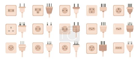 Illustration for Power sockets with different plugs, isolated electric connector for appliances. Vector changing equipment, ac and supply of energy. Multiple electrical ports for homes or office building walls - Royalty Free Image