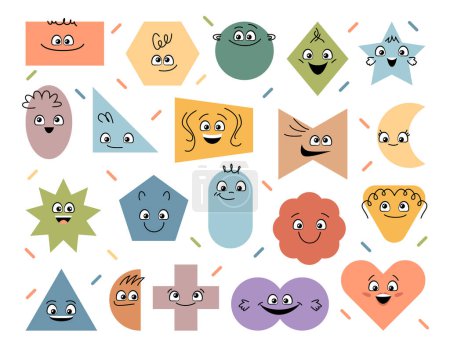 Illustration for Funny geometric characters with smile and faces. Vector isolated abstract figures, rectangles and circle, star and crescent moon. Composition with oval and cross, oval and heart shaped personage - Royalty Free Image