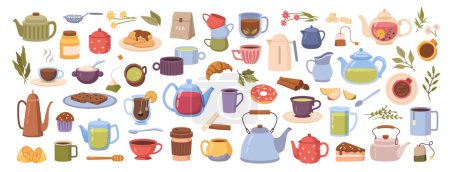 Illustration for Teacup with desserts, isolated cup of tea. Vector cakes and pancakes for breakfast. Croissant and match, donut and organic natural herbs brewed in pot. Tasty sweets and chamomile beverage - Royalty Free Image